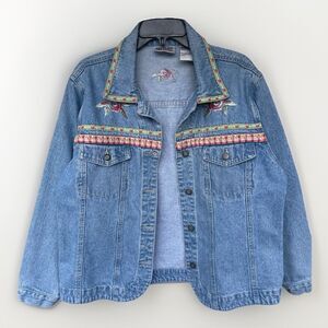 Vintage Bill Blass Jean Jacket Size L Blue Denim Embroidered Floral Casual Cute